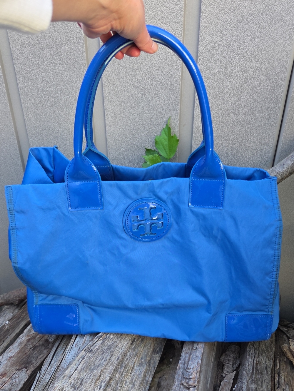 Tory Burch Ella Large Logo Blue Nylon Tote with Patent Trim